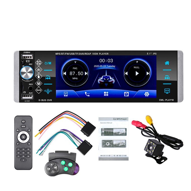 1 din  mp5 player touch bilradio tovejs sammenkobling rds am  fm 4- usb 5.1 inches understøtter android 10 mirrorlink: Med 8 led camea