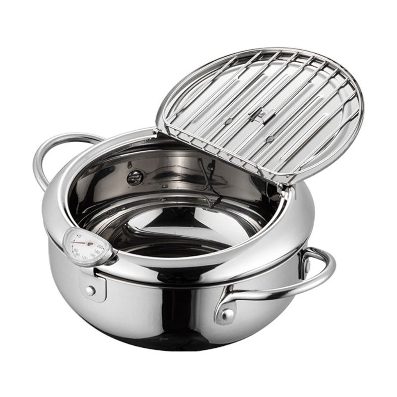 Olla de acero inoxidable duradera con termómetro, sartén de estilo japonés con tapa de estante de goteo de aceite, alta temperatura