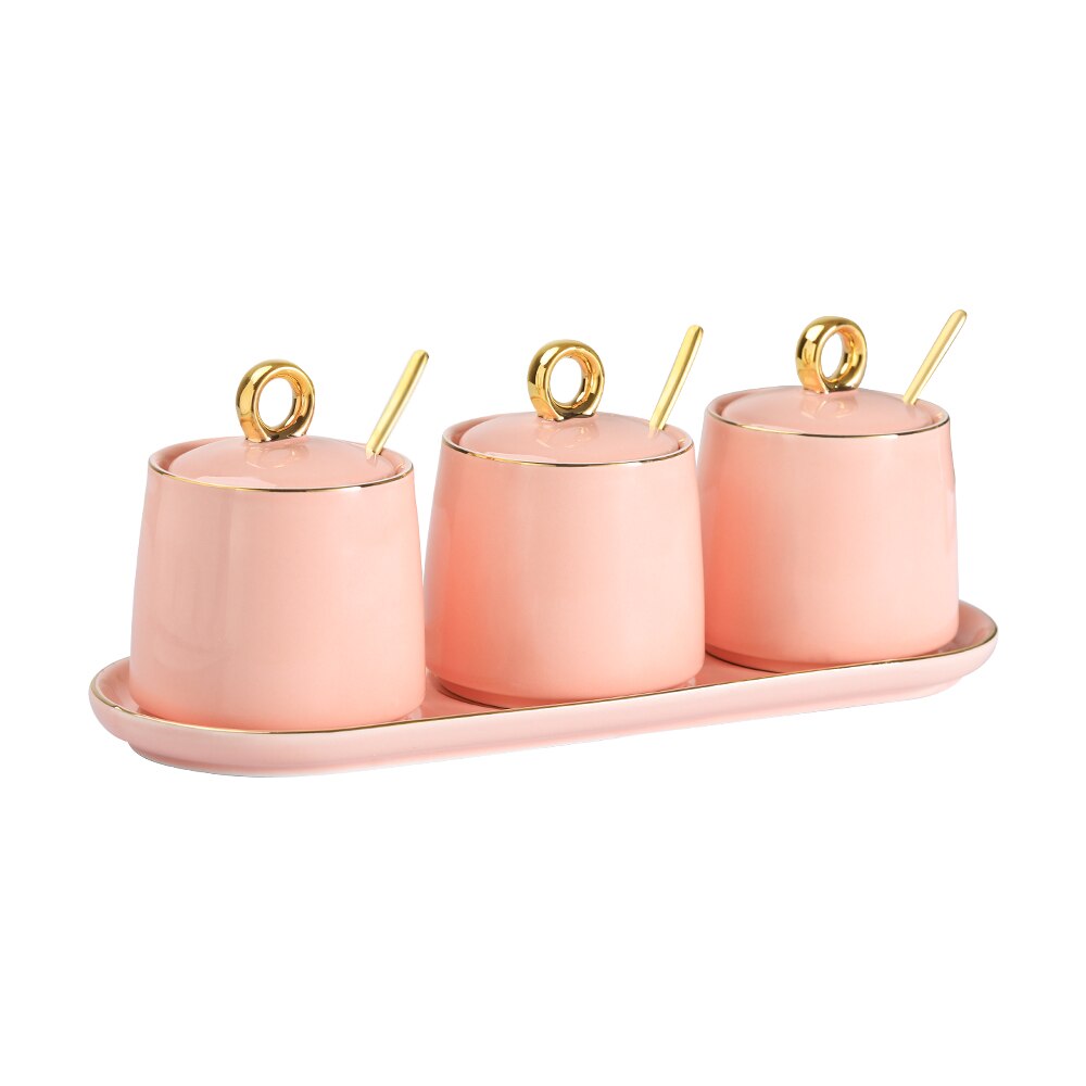 Sukkerskål dispenser saltbeholder keramisk sukkerskål med låg og ske til hjem og køkken: Pink-sæt  of 3