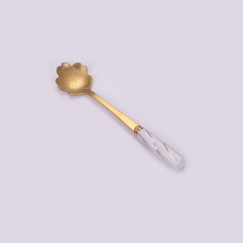 Cuchara de postre de cereza dorada japonesa creativa, mango de cerámica bonito, cuchara agitadora de café de acero inoxidable, , 1 ud.: Gold White