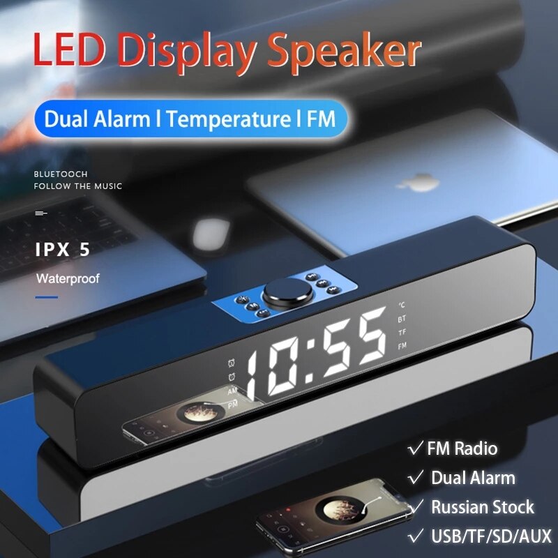 LED TV réveil Portable sans fil Bluetooth haut-parleur colonne stéréo basse barre de son FM Radio USB Subwoofer pour ordinateur TV téléphone