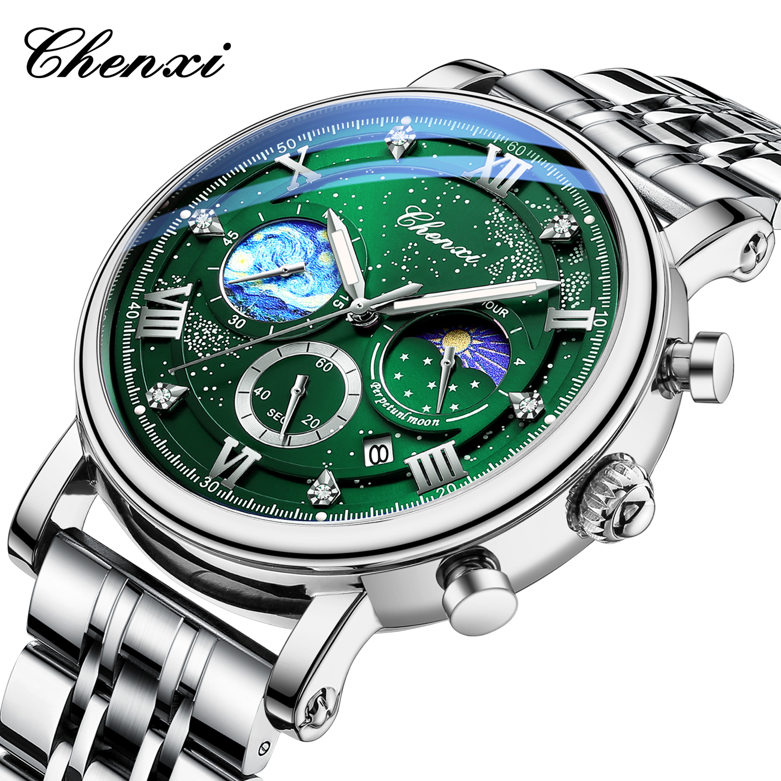 Chenxi herreur multifunktionel kronograf månefase dato quartz ure til mænd himmelsk urskive rustfrit stål armbåndsur