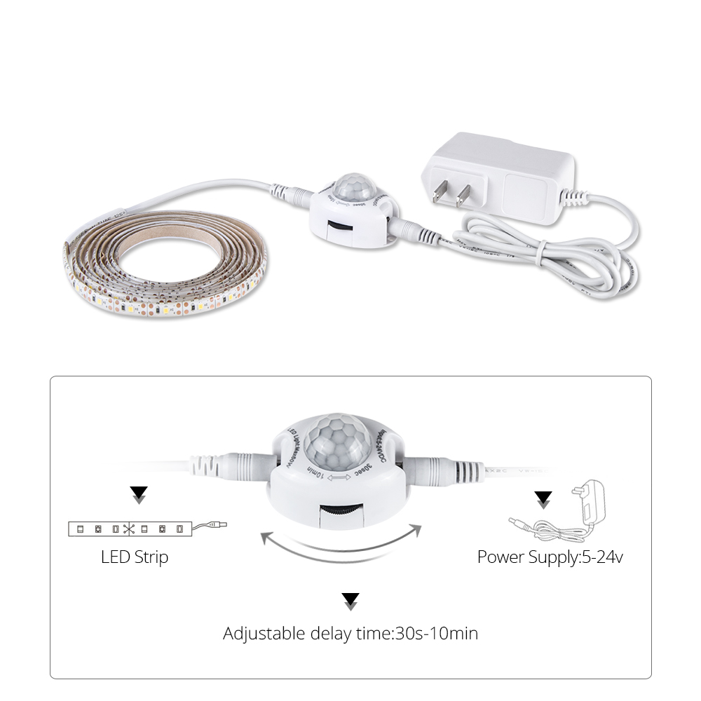 5m LED Strip med PIR Bevægelsessensor - 12V DC - IP65 Vandtæt - Inkl. Strømadapter