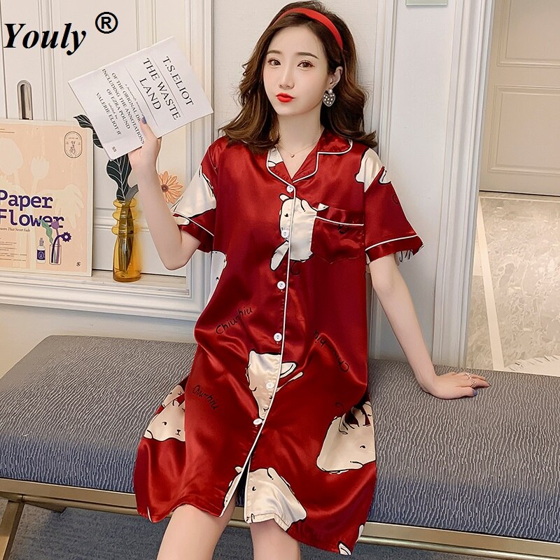 Women Loose Nightgowns Satin Sleepwear Nightshirts Long Sleeve Silk Casual Night Dress Summer Home Clothing Home Dress Plus Size