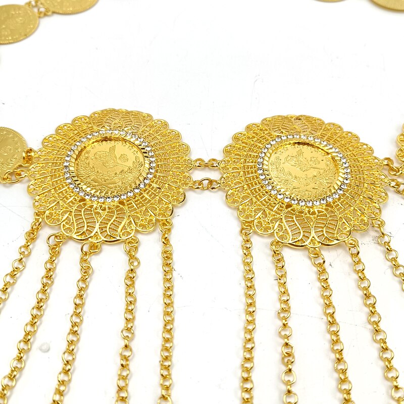 Oman Iraqi Kurdish Wedding Jewelry Set Arabic Body Chain Coin Tassel Waist Chain Turkish Coin Pendant Female Necklace
