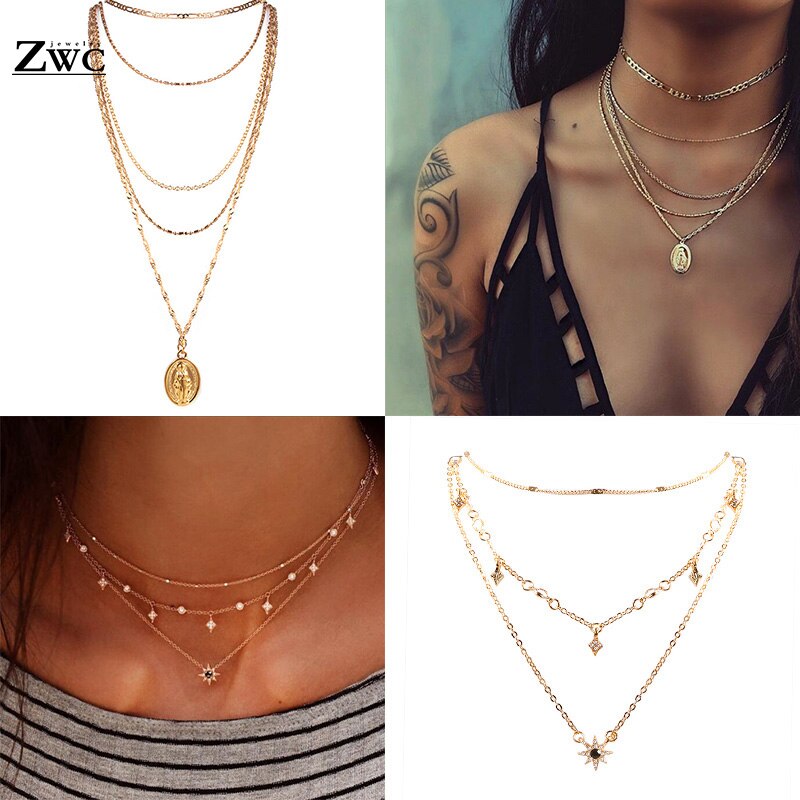 ZWC – colliers Boho Vintage pour femmes, chaîne en or, longue lune, multi-couches, pendentif, bijoux ras du cou bohème,