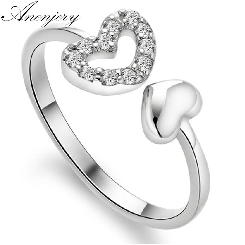 Anenjery Klassieke Mode Zilveren Kleur Dubbele Hart Kristal Ringen Voor Vrouwen Bruiloft Sieraden Anel S-R75