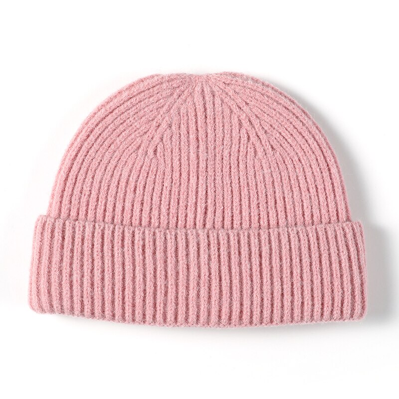 Vinterhue strikket kort beanie ensfarvet melon kasket kvinder mænd hip hop kalot unisex street retro casual hat: Lyserød