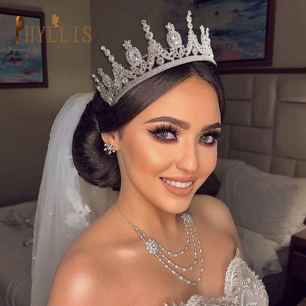 A213 Zirkoon Bruiloft Ronde Crown Luxe Diadeem Hoofdband Rhinestone Hoofddeksel Bridal Hoofddeksels Koning Tiara Prinses Haar Jewerly