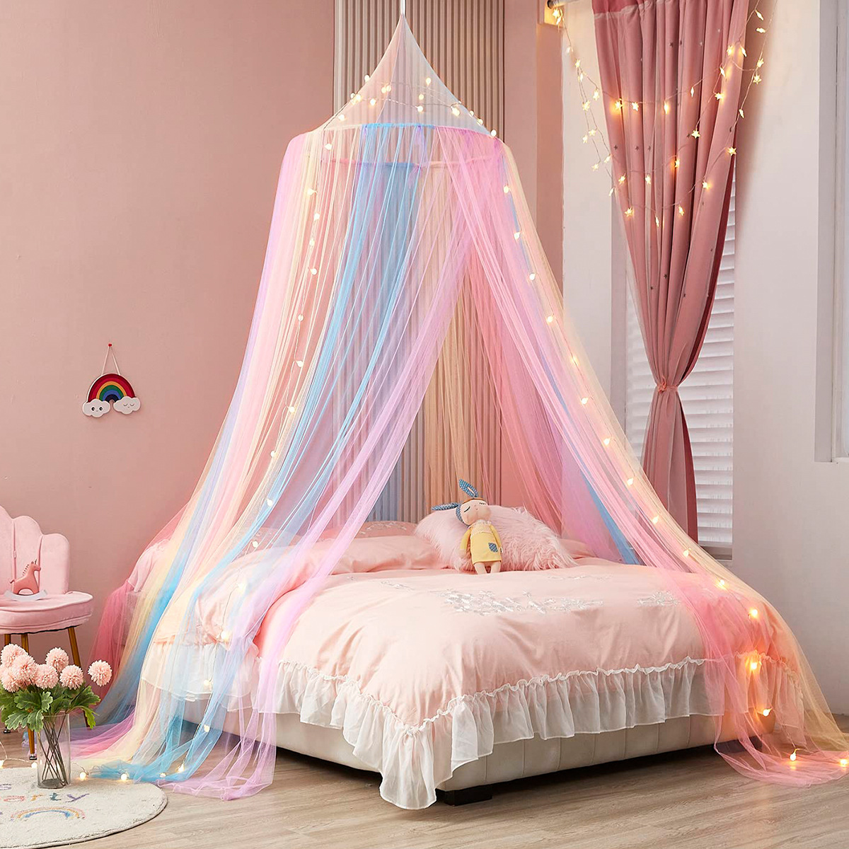 Cama de arco-íris dossel poliéster mosquiteiro princesa cortinas de teto decoração do quarto para meninas crianças cama decoração do quarto: Default Title