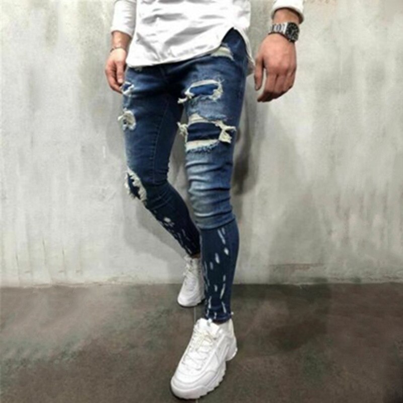 Blå stretch denim patch huller revet skinny jeans mænd slim fit streetwear flosset hip hop distressed jeans bukser
