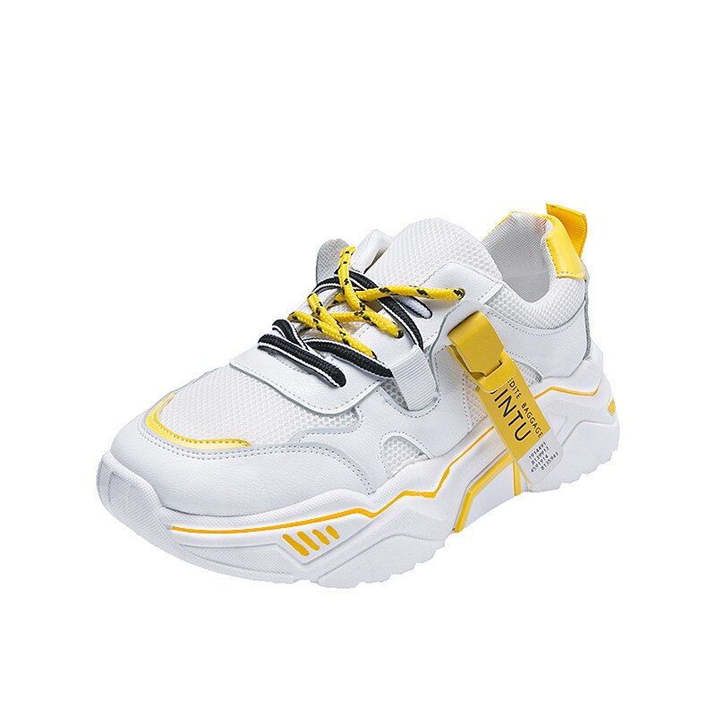 Chunky sneakers kvinder blandede farver patchwork tykke såler kvinder fritidssko åndbar mesh platform sneakers med snøre: Gul / 38