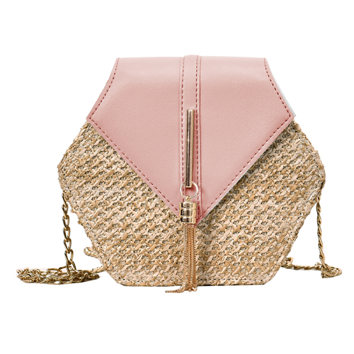 Hexagon Mulit Stil Stroh + pu Tasche Handtaschen Frauen Sommer Rattan Tasche: Rosa