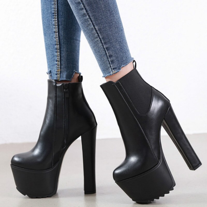 Preto branco dames hoge hakken winter 16cm dikke hak waterdichte platform laarzen hoge hak enkellaarsjes jxq -8809-6
