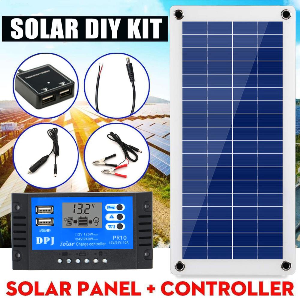 12v flexibele zonnepanelen met dubbele usb-aansluiting en autolader,  + 10/20/30/40a usb-zonneladercontroller voor buitenkamperen met led-verlichting