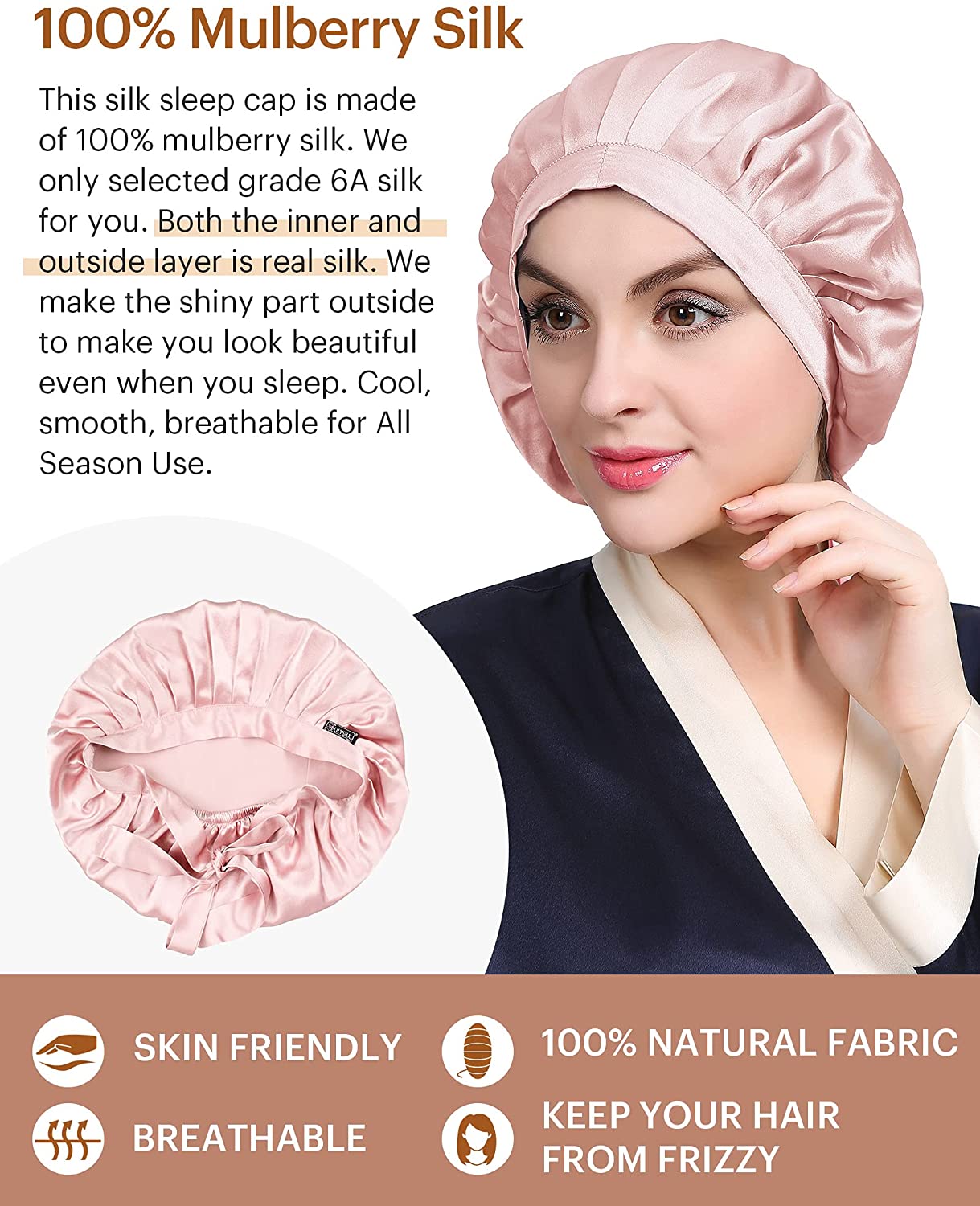 100% Mulberry Silk Night Sleep Cap Sleeping Hat 19 Momme Soft For Women Hair Beauty With Adjustable Elastic Ribbon