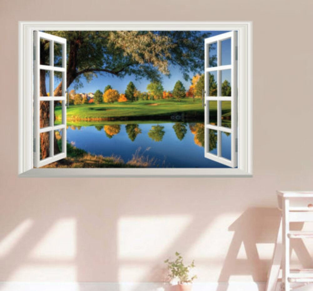 3d vindues natur tema sø landskab vandudsigt wallsticker vinyl mærkat gør-det-selv værelsesindretning 40 x 60cm