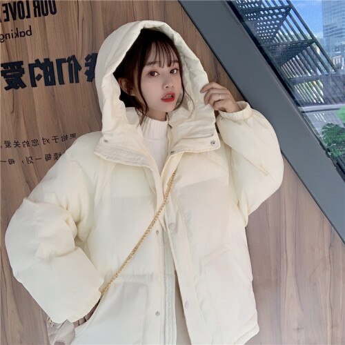 Vinter damejakke bomuld mellemlang vinter vatteret jakke koreansk løs oversize jakke varm pink jakke sort jakke: Abrikos