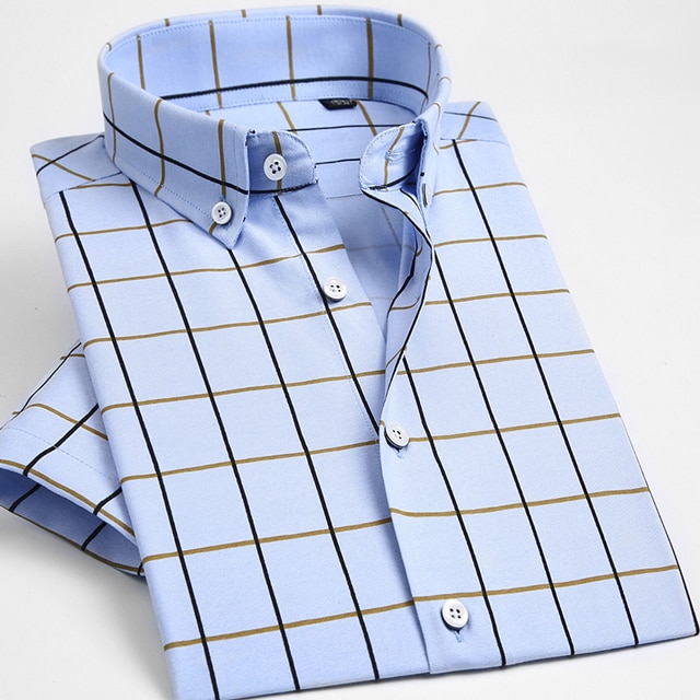 Miesten kesäinen lyhythihainen modaalisekoite gingham paita korkea rento standard-fit napit ruudullinen ruudullinen paidat: Vaaleansininen / 38