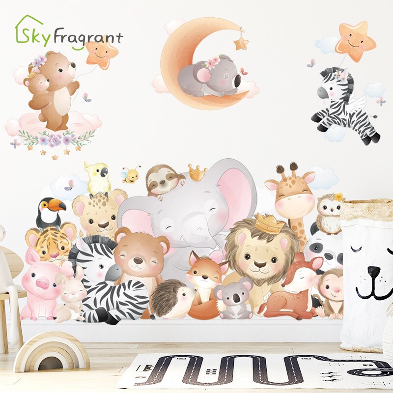 Cartoon Cute Animals Wall Stickers For Kids Rooms Baby Boy Bedroom Wall Decorations Self Adhesive Decoration Stickers Home Decor