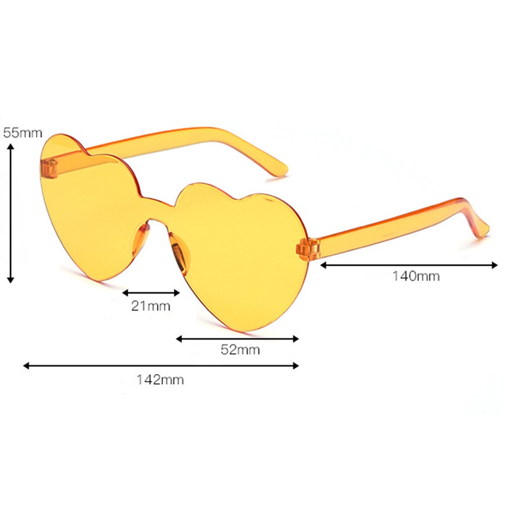 Gafas de sol con forma de corazón de amor para mujer, montura sin montura, tinte transparente, lentes coloridas, rojo, rosa, amarillo, tonos de viaje