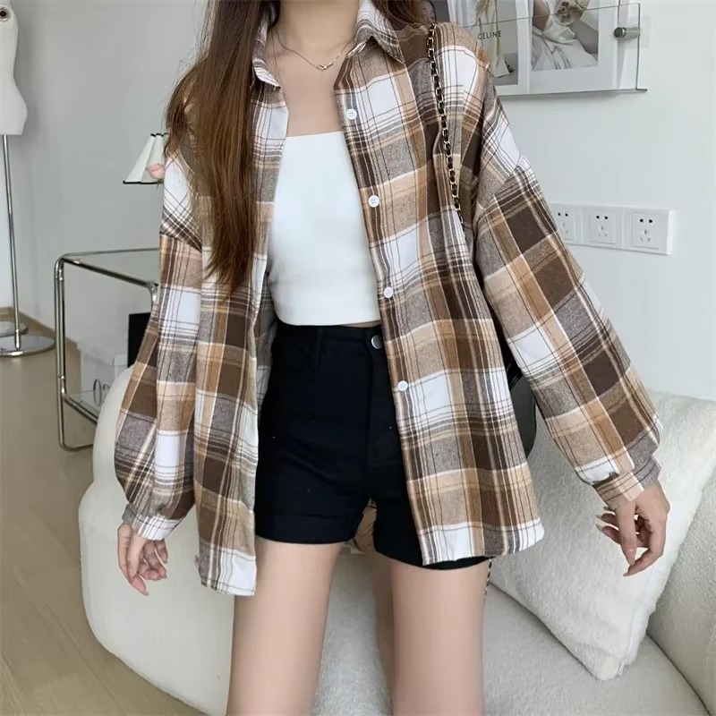 Ternet skjorte dame efterår langærmet top kvinde vintage enkeltradet bluse dame preppy stil løse ternede skjorter: Xl / Khaki