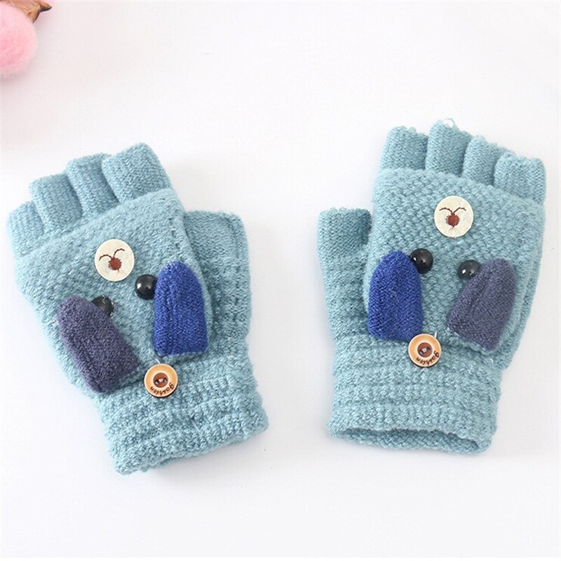 6-12Y Del Bambino Del Capretto Della Ragazza del Ragazzo Caldo Inverno Guanti Guanti Maglia Animale Del Fumetto di Spessore per bambini I Bambini Tenere In Dito Caldo: Blu