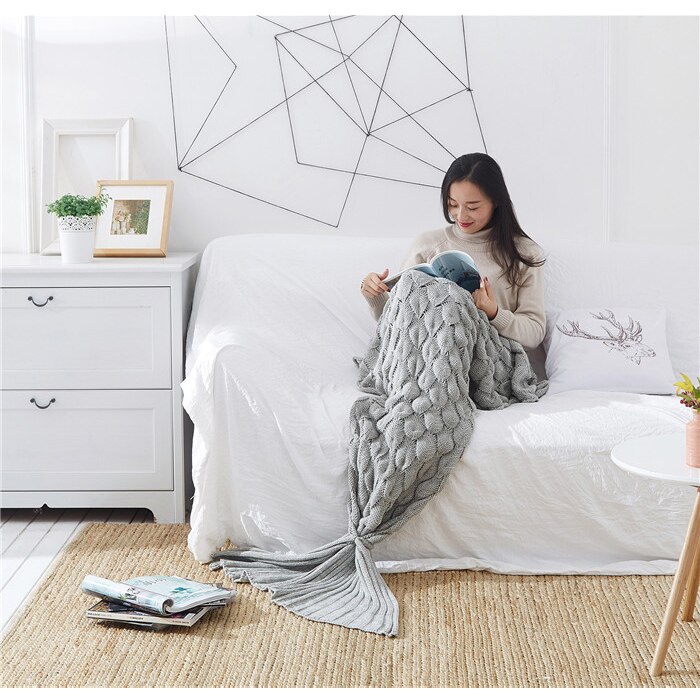 JDDTON Mermaid Tail Blanket Adult Knitted Soft Comfort Colorful Blankets Home Picnic Warm Crochet Handmade Sleeping Bag BE147: Grey / 60x140cm