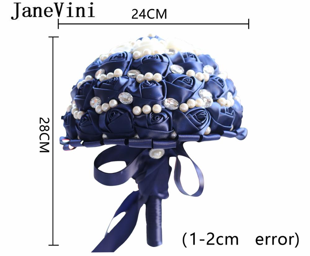 JaneVini Navy Blue Pearl Beaded Flwer Wedding Boquet Bride Satin Flower Bouquets Crystal Rose Bridal Bouquet bruids boeket