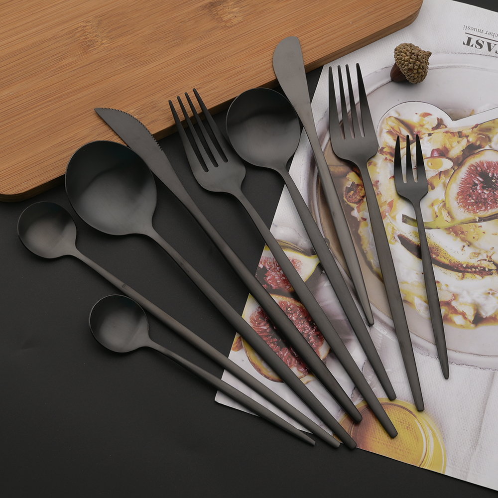 Juego de cubiertos de acero inoxidable para cocina, cubertería negra mate de 6 piezas, cuchara de hielo, tenedor, cuchillo de postre
