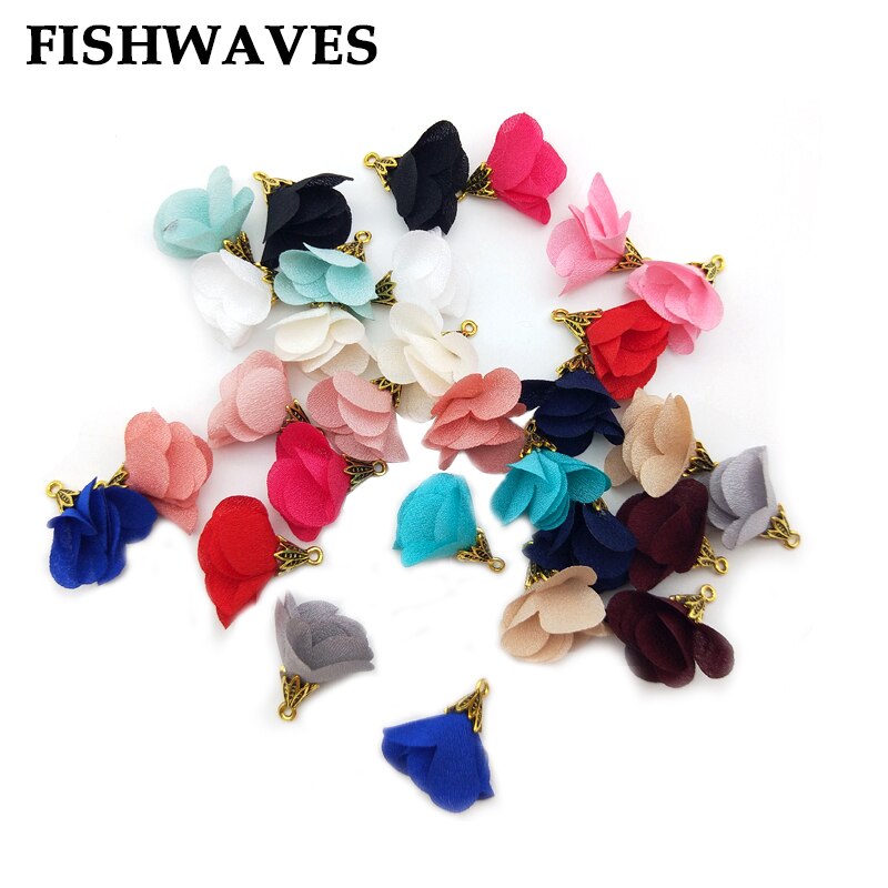Fishwaves 10 stk blanding farve silke satin stof blomsterkvast med guld farve cap vedhæng til gør-det-selv smykker fremstilling tilbehør