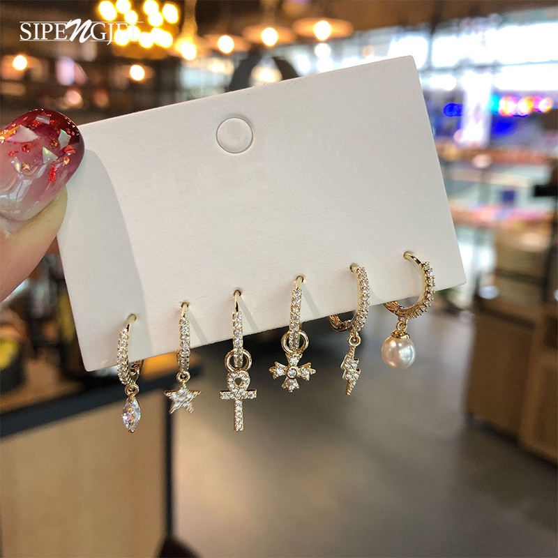 étoile croix foudre perle boucles d'oreilles ensemble de cristal petit cerceau boucles d'oreilles ensembles bijoux accesorio