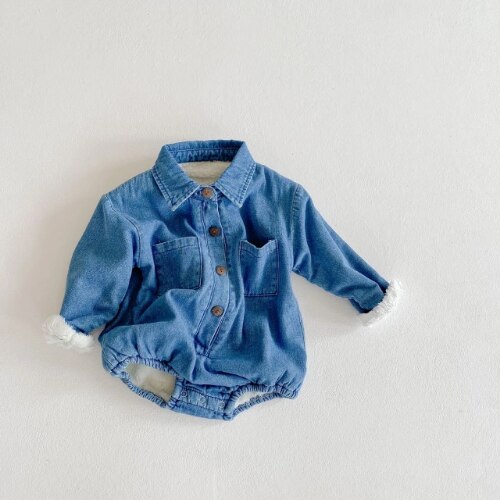 Outono do bebê macacões da criança menina menino plus velo de manga comprida denim macacão inverno uma peça macacão