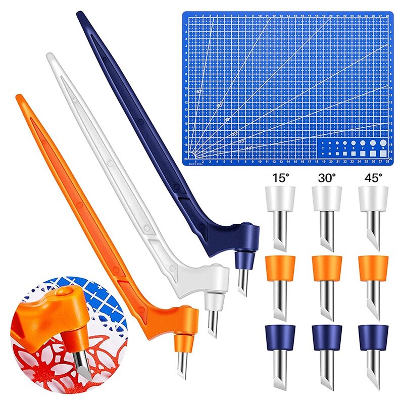 3 Pieces 360 Rotating Craft Cutting Tools Set With 9 Pcs Rotating Carbon Steel Replacement Blade And Cutting Mat