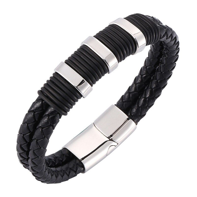 Trendy Zwart Gevlochten Lederen Armband Mannen Sieraden Rvs Magnetische Gesp Mode Lederen Touw Armband Polsband