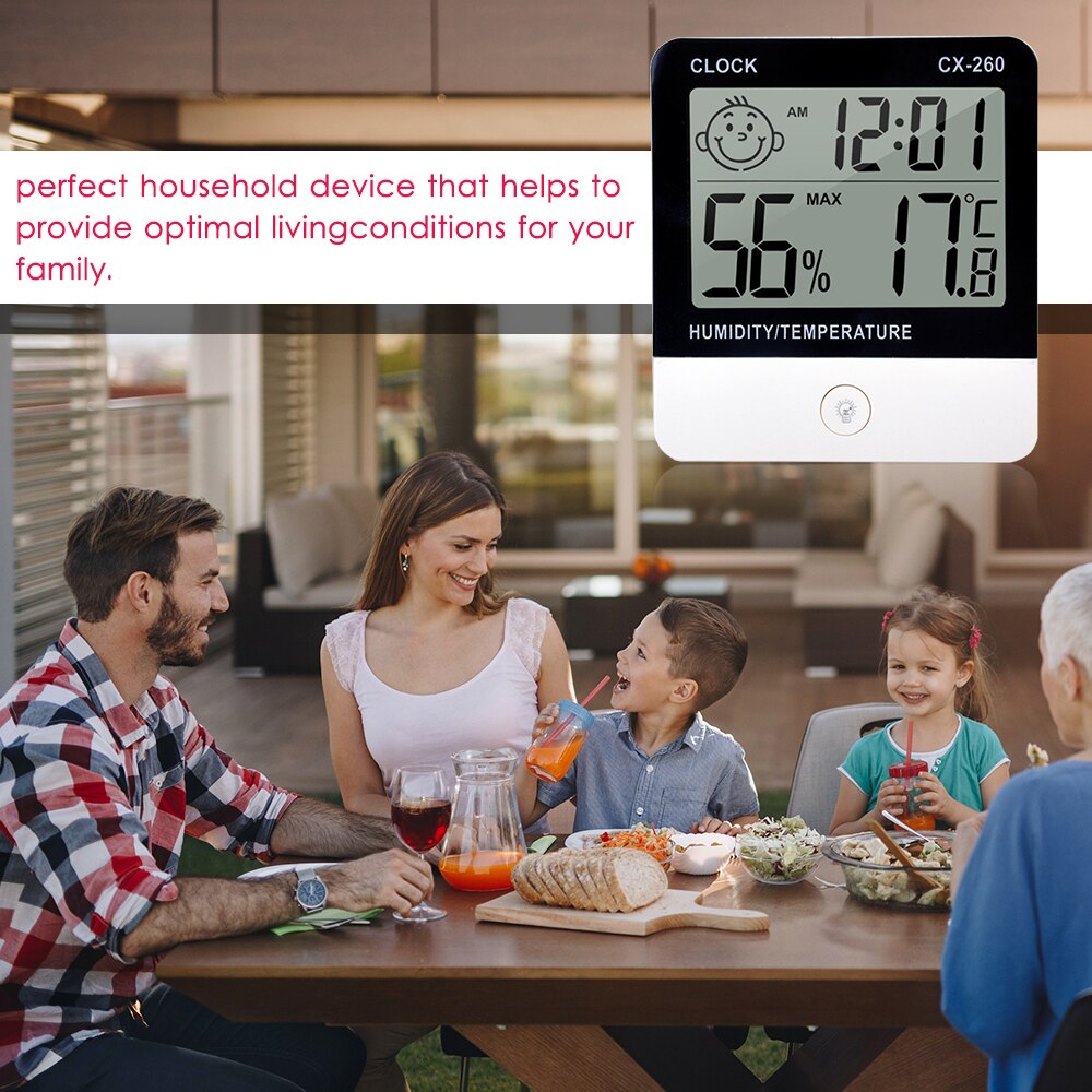 Digital Thermo-Hygrometer Thermometer Hygrometer Indoor Room Temperature Humidity Gauge Meter Alarm Clock for House Office Hotel