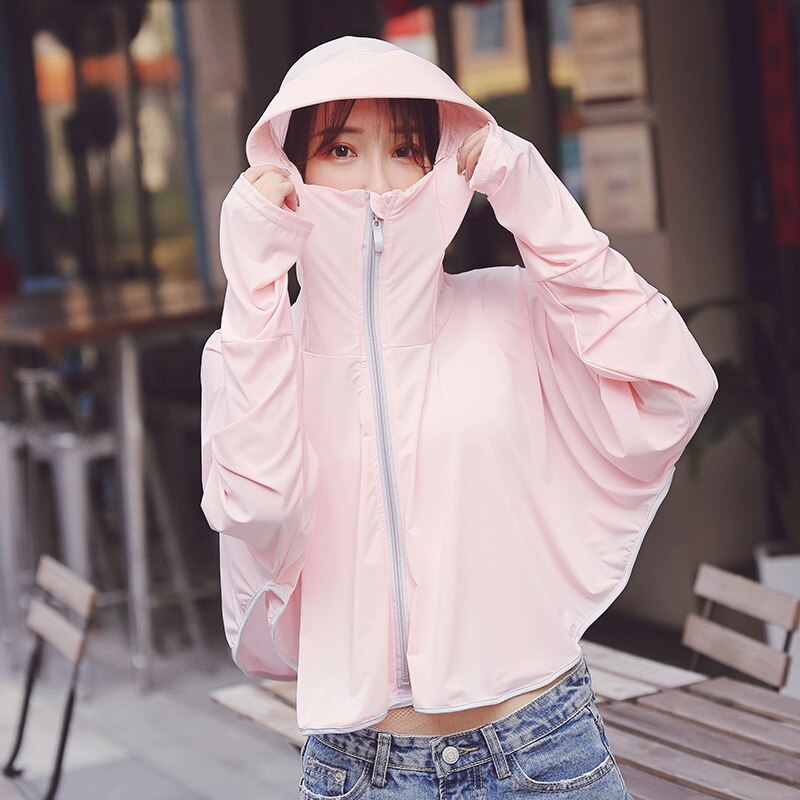 Womens Hooded Sun-protective Coats Anti-UV Tops Short Cycling Riding Jacket Breathable Quick Cool Dry: light pink