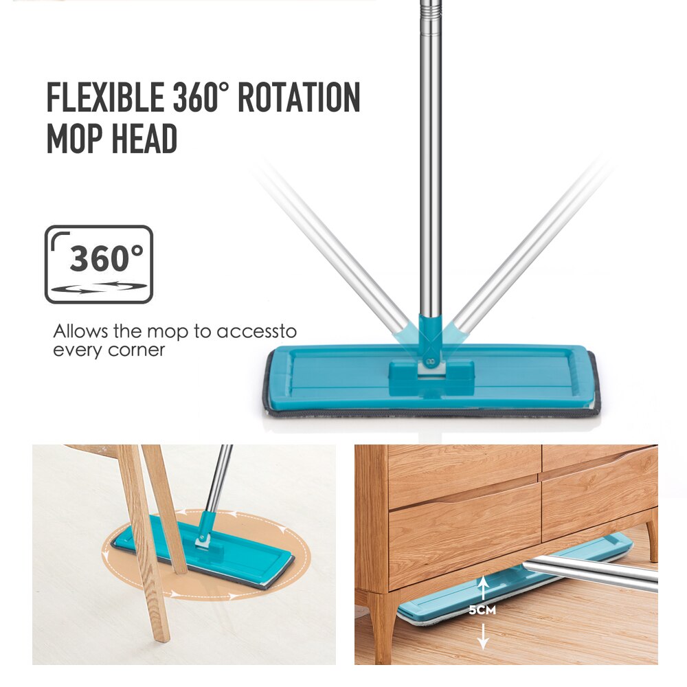 Fregona Plana con Almohadillas de Microfibra, Mopa con Cubo para Escurrirla, Limpieza de Suelo, Uso Húmedo o Seco en Baldosas Laminadas de Madera Dura