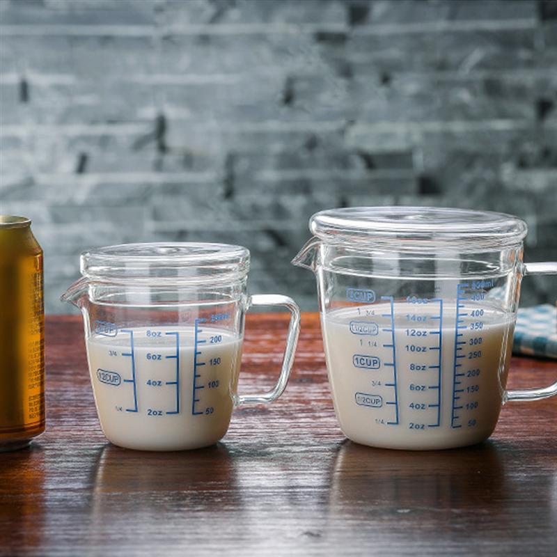 1PC Heat Resistant Glass Measuring Cup Children's Milk Cup Microwave Measuring Cup Transparent Scale Cup (500ml with Lid)