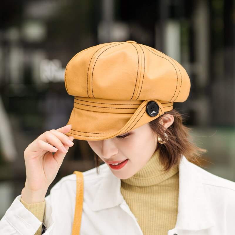 Caluriri Neue Winter PU Hut Leder Taste Achteckigen Hut Wilden Literarischen Britischen Retro PU Baskenmütze Hut PU Maler Hut