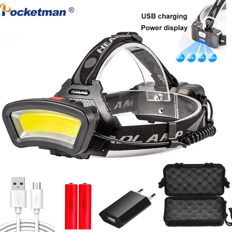 Rechargeable LED Headlight 200m Long Lighting Distance Headlamp Wide Angle COB Head Lamp light Lantern USB Use 2*18650