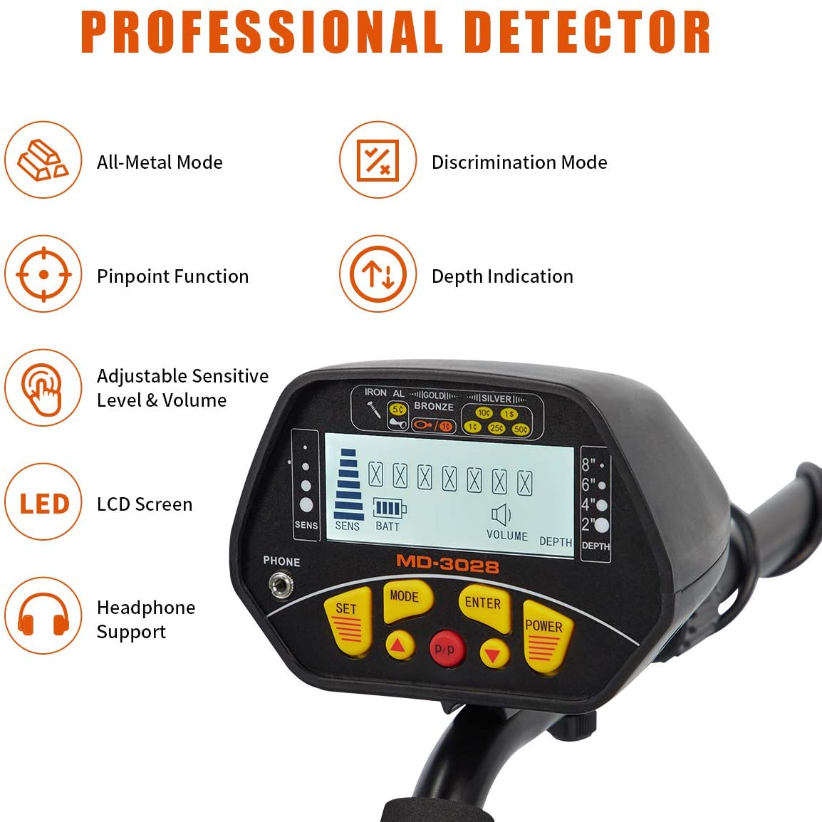 MD-3028 Detector de metales de alta precisión para adultos y niños, pantalla LCD con bobina de búsqueda impermeable de 8,5 ", función de Pinpoint y modo de disco