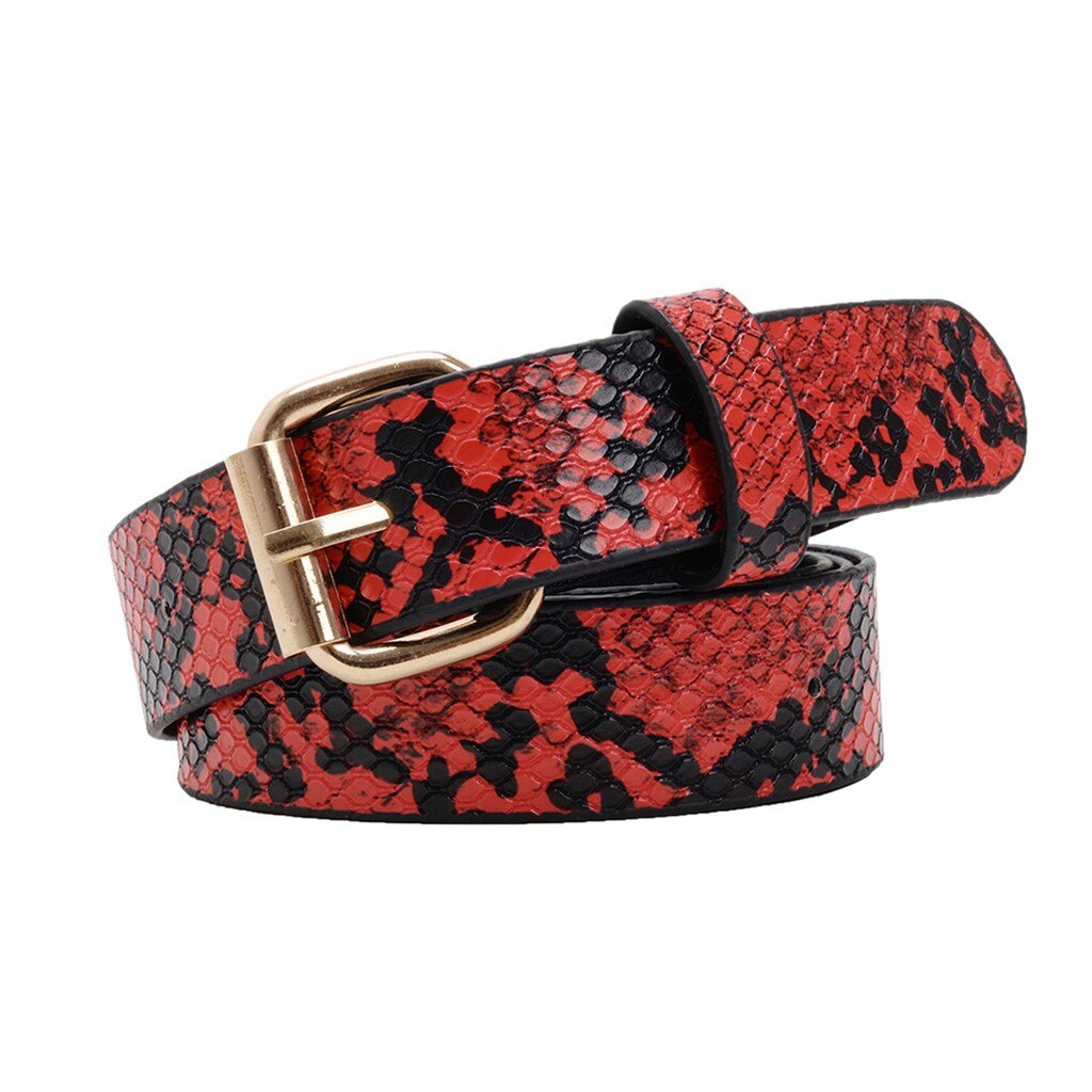 Skóra węża paski drukowane dla kobiet złoty kwadrat ze sprzączką pas Pu skórzany pasek kobiety wzór wężowy sukienka dżinsy skórzany pas: czerwony 