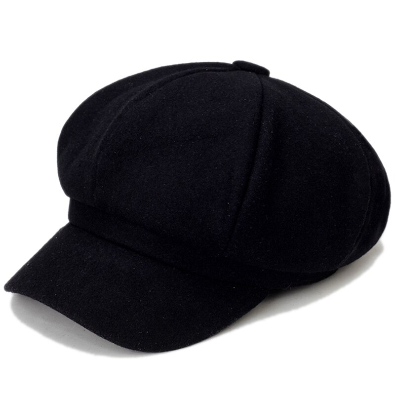 Gorro octogonal de lana para mujer Otoño Invierno , Boina de ala ancha, gorro informal cálido, Color sólido, elegantes sombreros de mujer: BK
