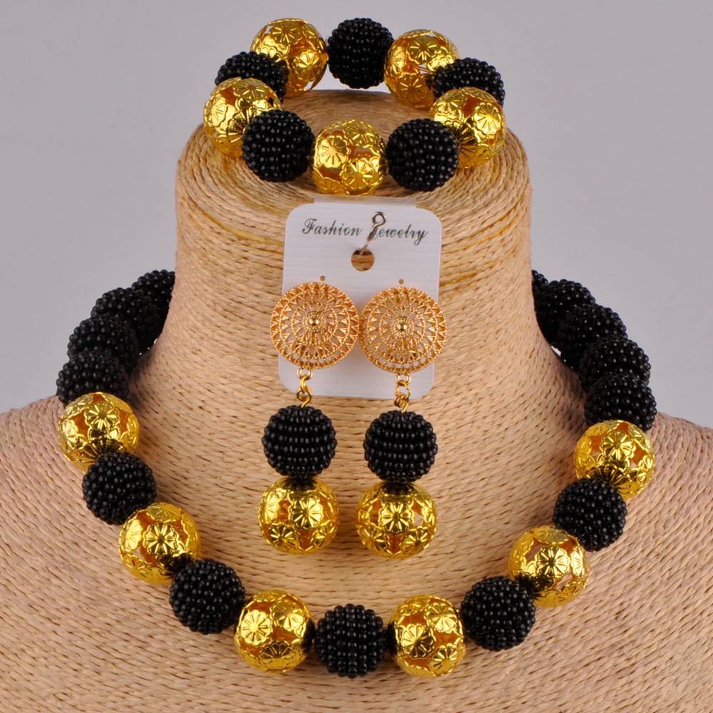 Klassieke nigeriaanse trouwsieraden, afrikaanse bruidsjurkaccessoires, perzikkleurige imitatieparelkettingset (az -77): Zwart