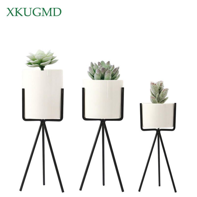 1 Pcs White Grey Flower Planters Clay Pottery Succulent Plant Pot with Chicken Feet Iron Shelf Fairy Garden Flowerpot