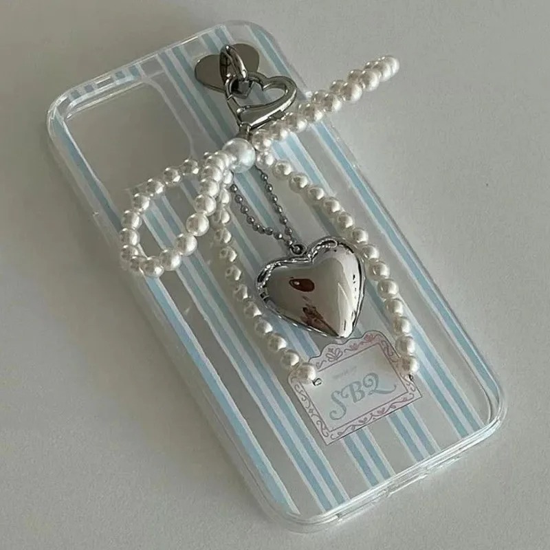 LLavero con forma de corazón y lazo de perlas, mochilas, llavero con forma de corazón con lazo, accesorios colgantes DIY para bolso, teléfonos móviles universales