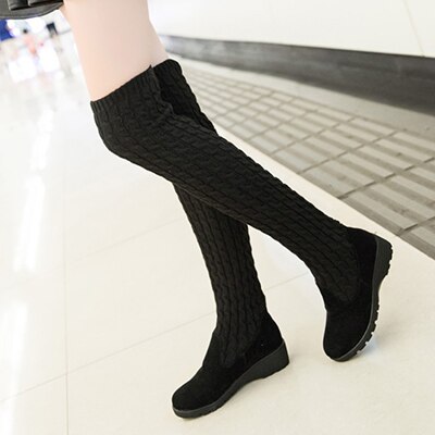 Femmes bottes automne hiver cuissardes pour femme chaussures tricot laine longue botte dames chaussures femmes chaussettes bottes: black / 36