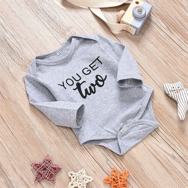 Baby Twins Clothes 2 Pieces Newborn Clothes Baby Boys Bodysuit Gray Letter Long Sleeve Jumpsuits Toddler Baby Girls Bodysuit Set