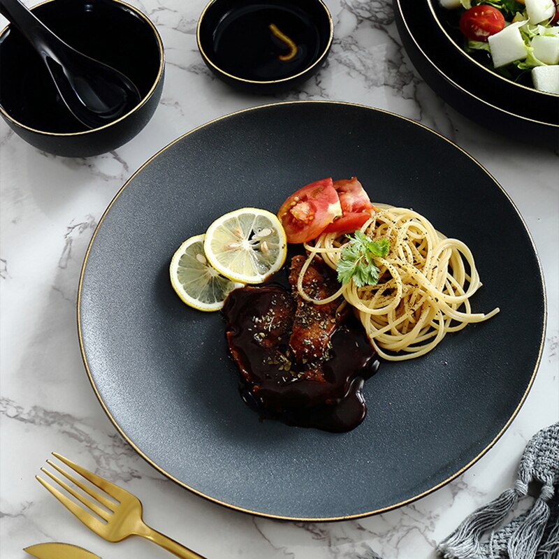 Vajilla dorada negra con borde, PARA CENA plato de cerámica, plato de arroz, ensalada, fideos, tazón para sopa, juegos de vajilla mate, herramienta de cocina